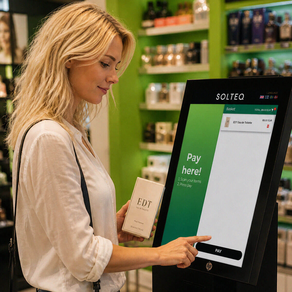 A blonde woman paying for her purchase at a store's self-service kiosk.
