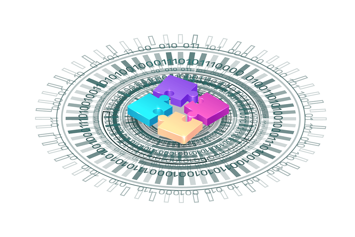 Puzzle pieces fitting on top of binary code