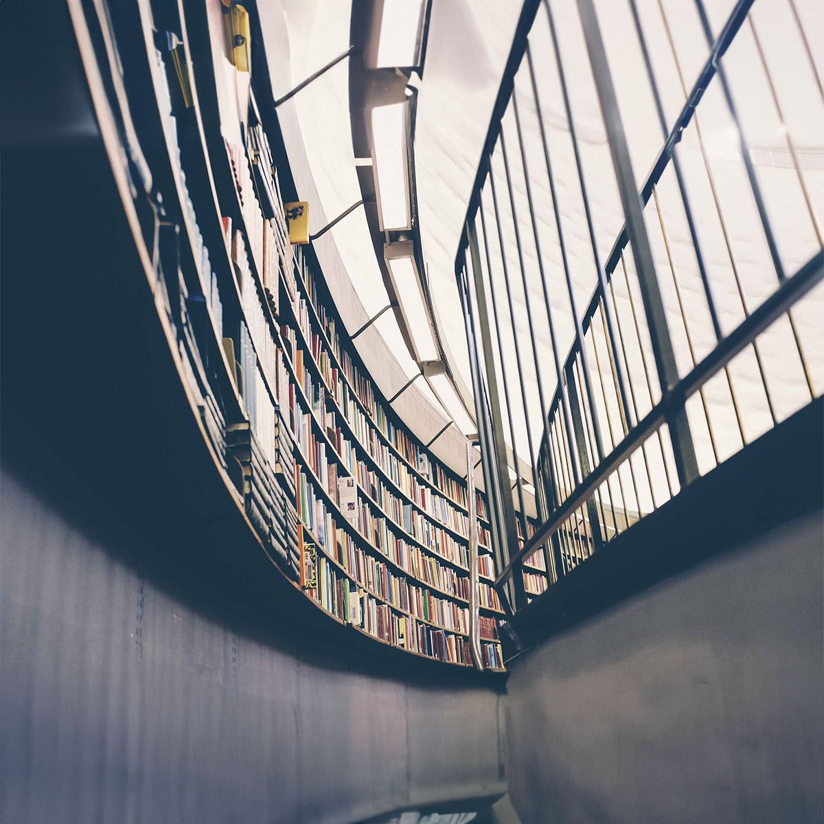 A view of the interior of a modern library with many books on the shelves