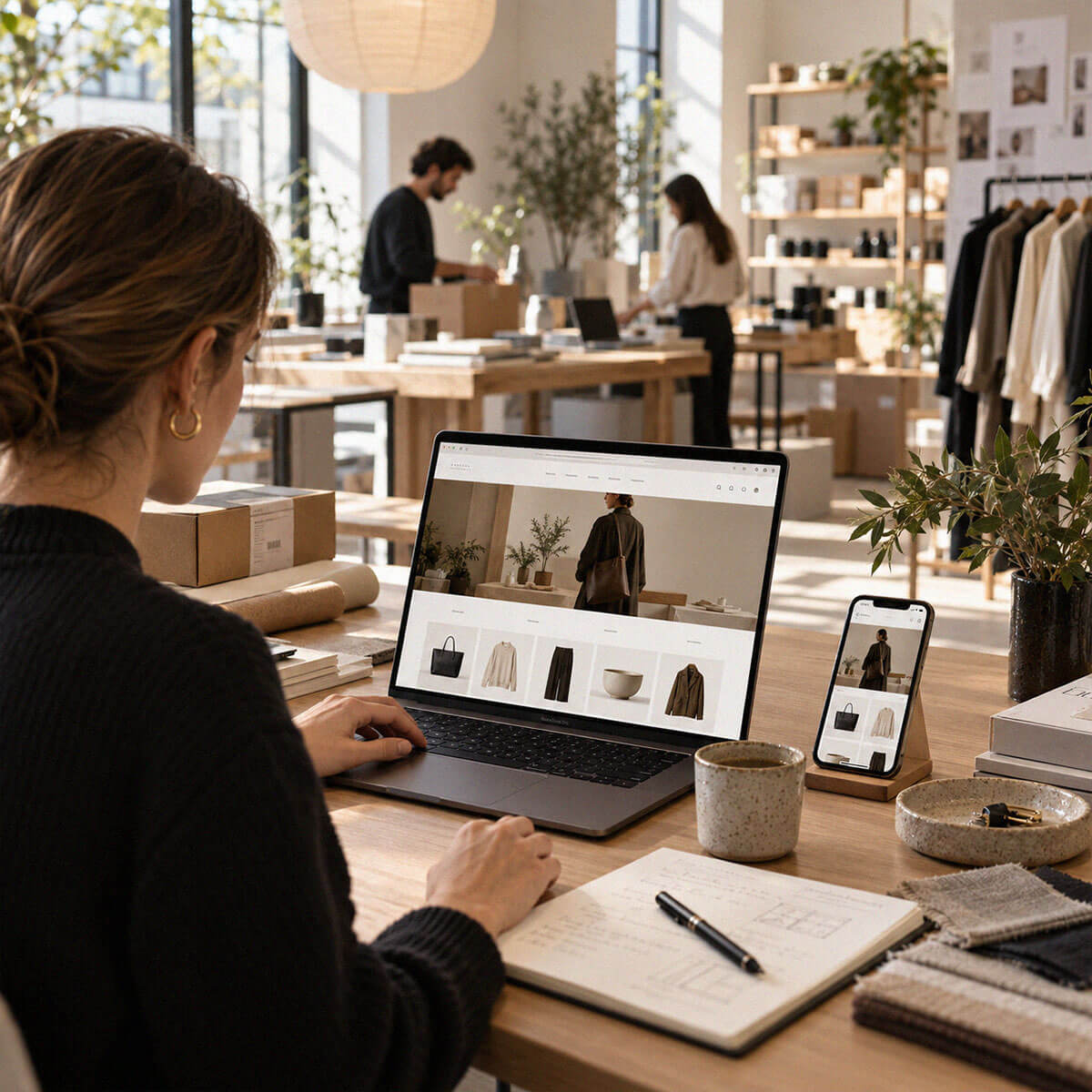 Employee testing a responsive online storefront on laptop and mobile in a modern retail and fulfilment environment.