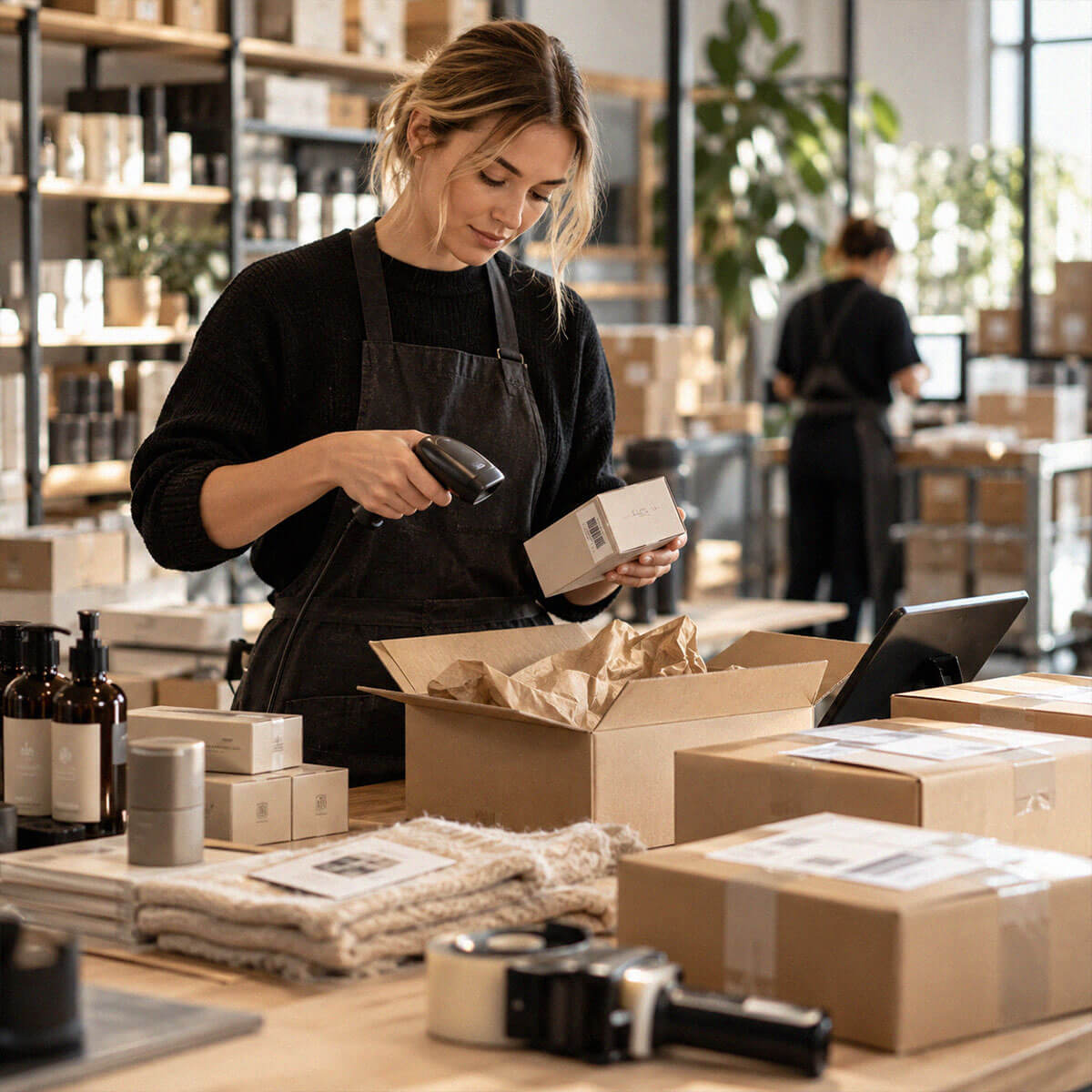 Employee packing and scanning products at a fulfilment workstation surrounded by items and ready-to-ship parcels in a modern commerce environment.