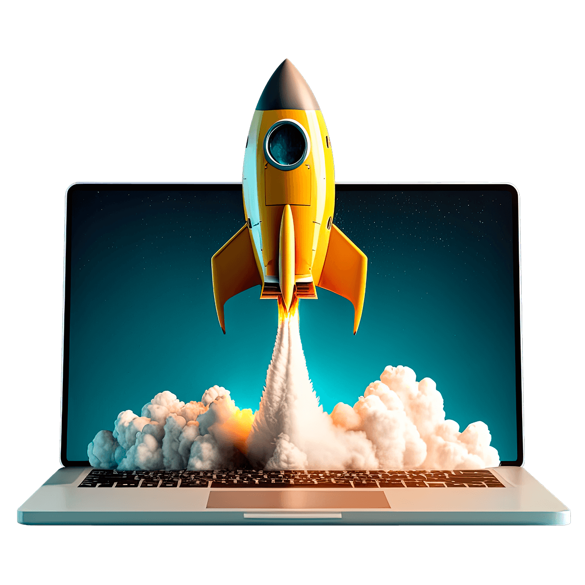 A rocket rising from a laptop depicting the PIMScribe AI service