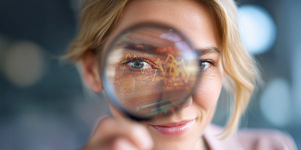 An expert examining data through a magnifying glass, symbolizing service personalization and e-commerce trends.