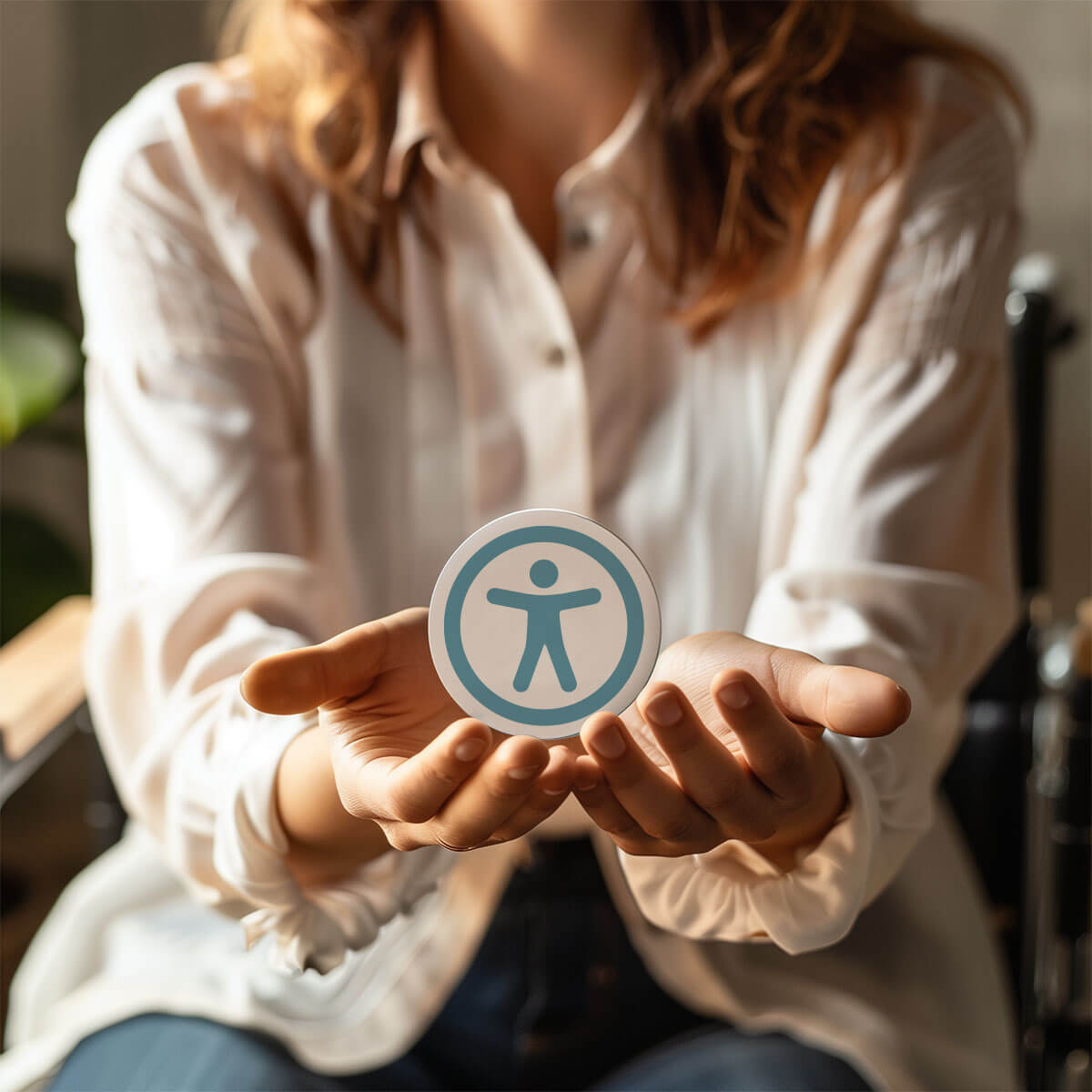 Woman holding accessibility icon in her hands