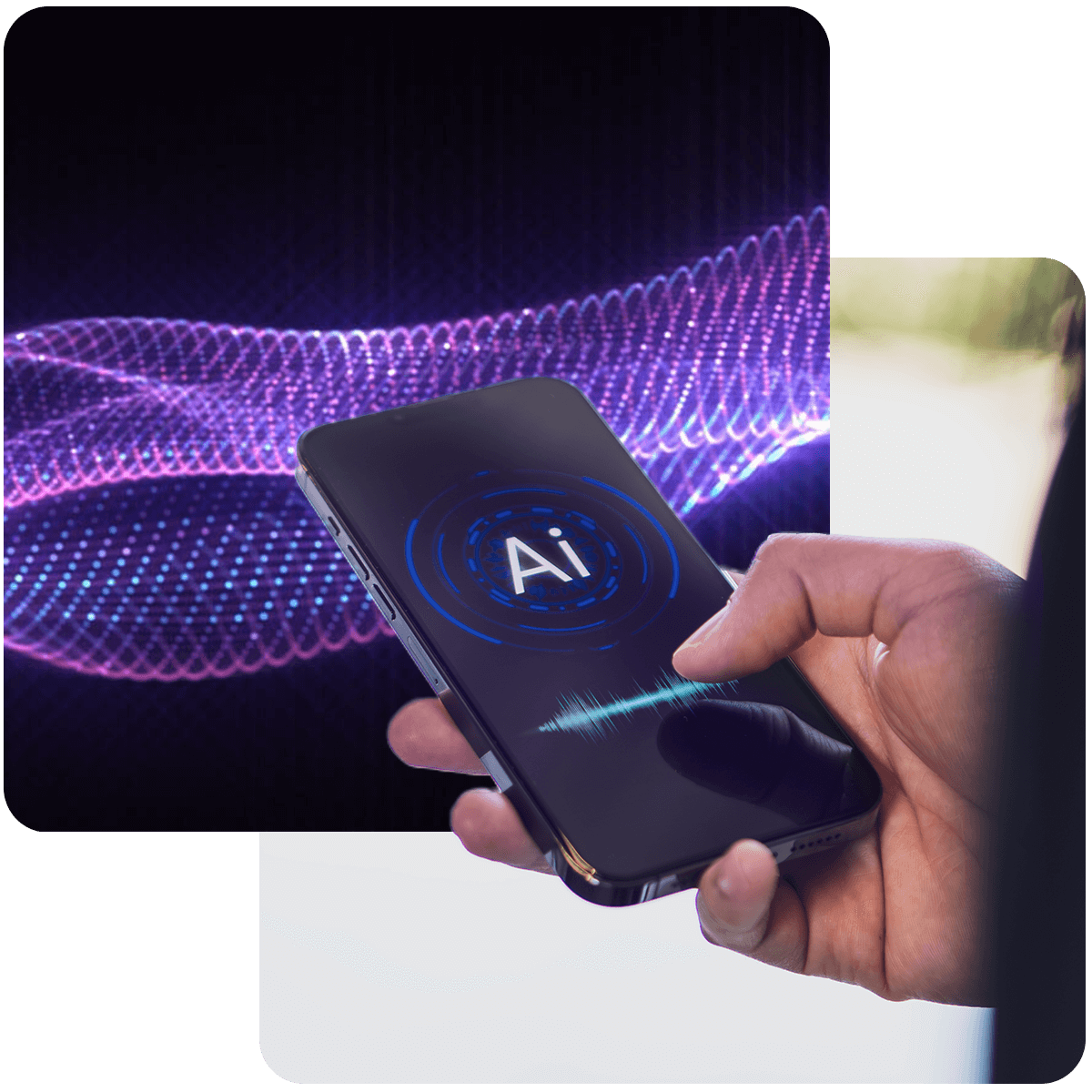 An AI interface displayed on a smartphone with flowing data visuals, illustrating AI services and intelligent digital service development.