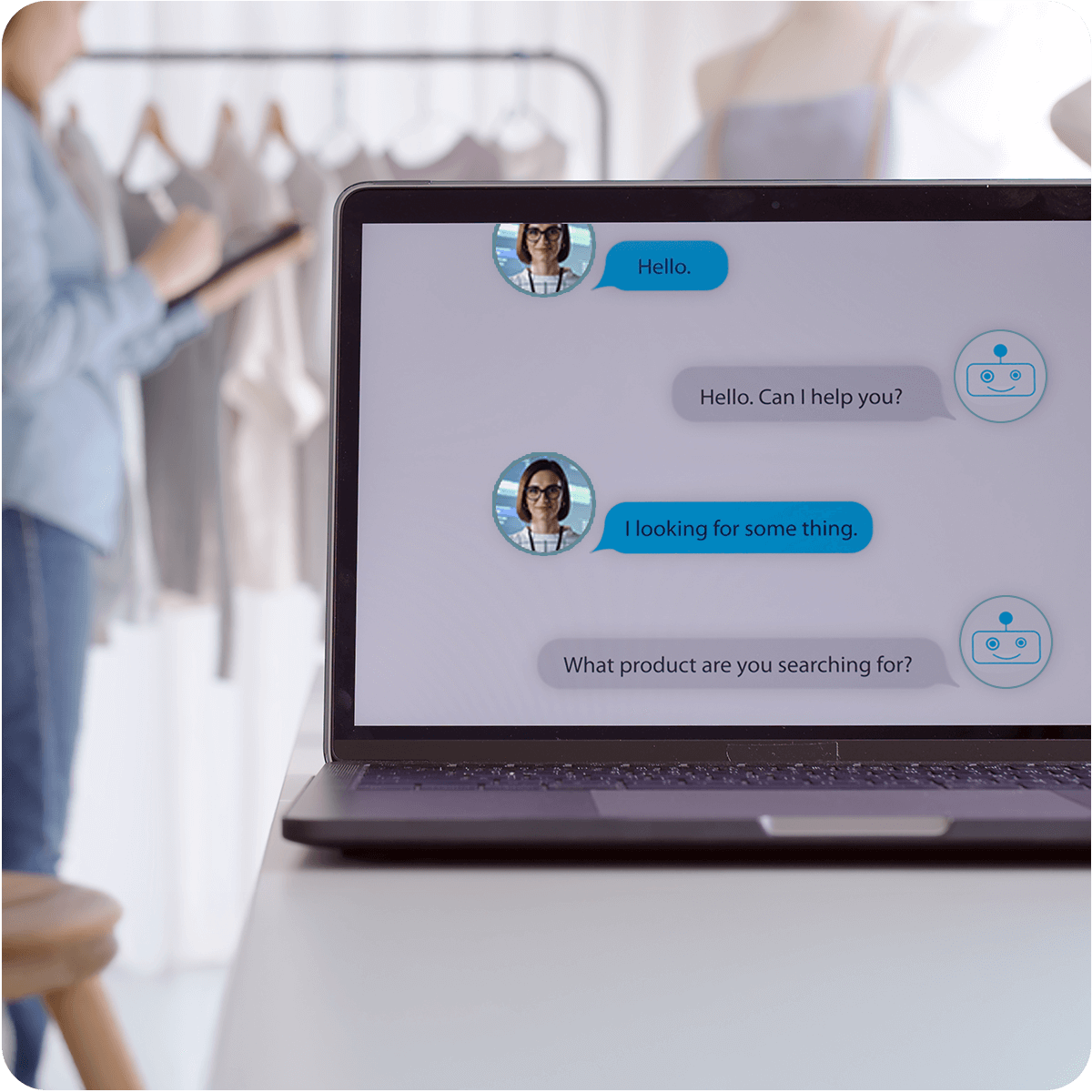A laptop displaying an AI-powered chat interface, illustrating an AI services PoC factory for testing conversational AI and digital service concepts.