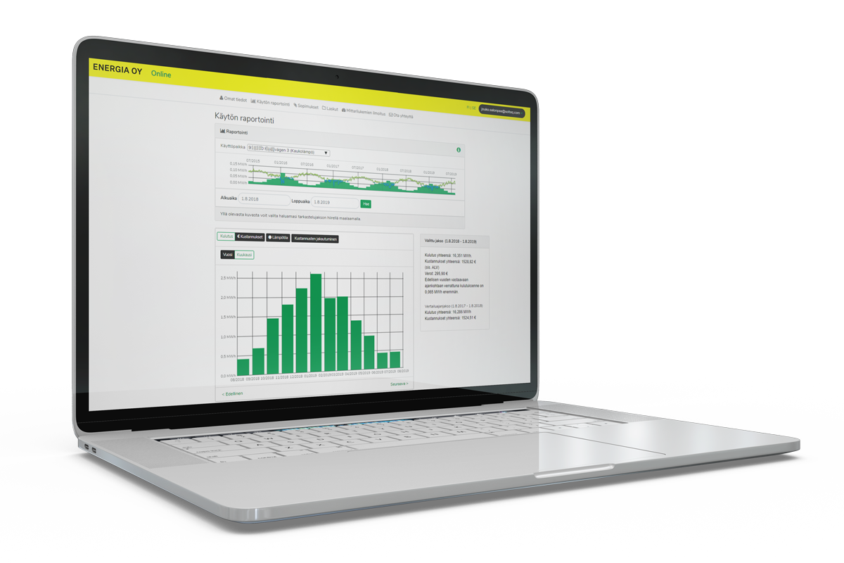 Solteq Utilities Customer and Self-service - mångsidiga verktyg för digitalt kundengagemang för fjärrvärme, vattenförsörjning och energibolagens användargränssnitt på en bärbar datorskärm