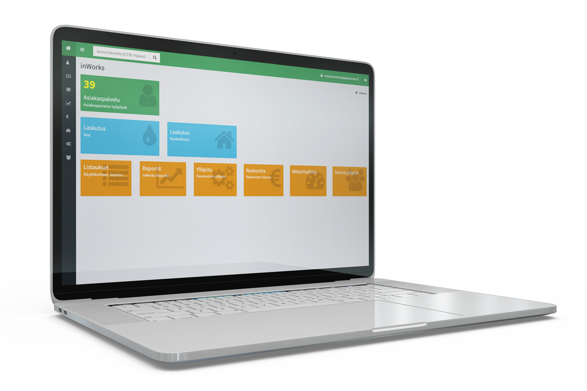 Solteq Utilities CIS - modern browser-based customer data management and invoicing system user interface on a laptop screen