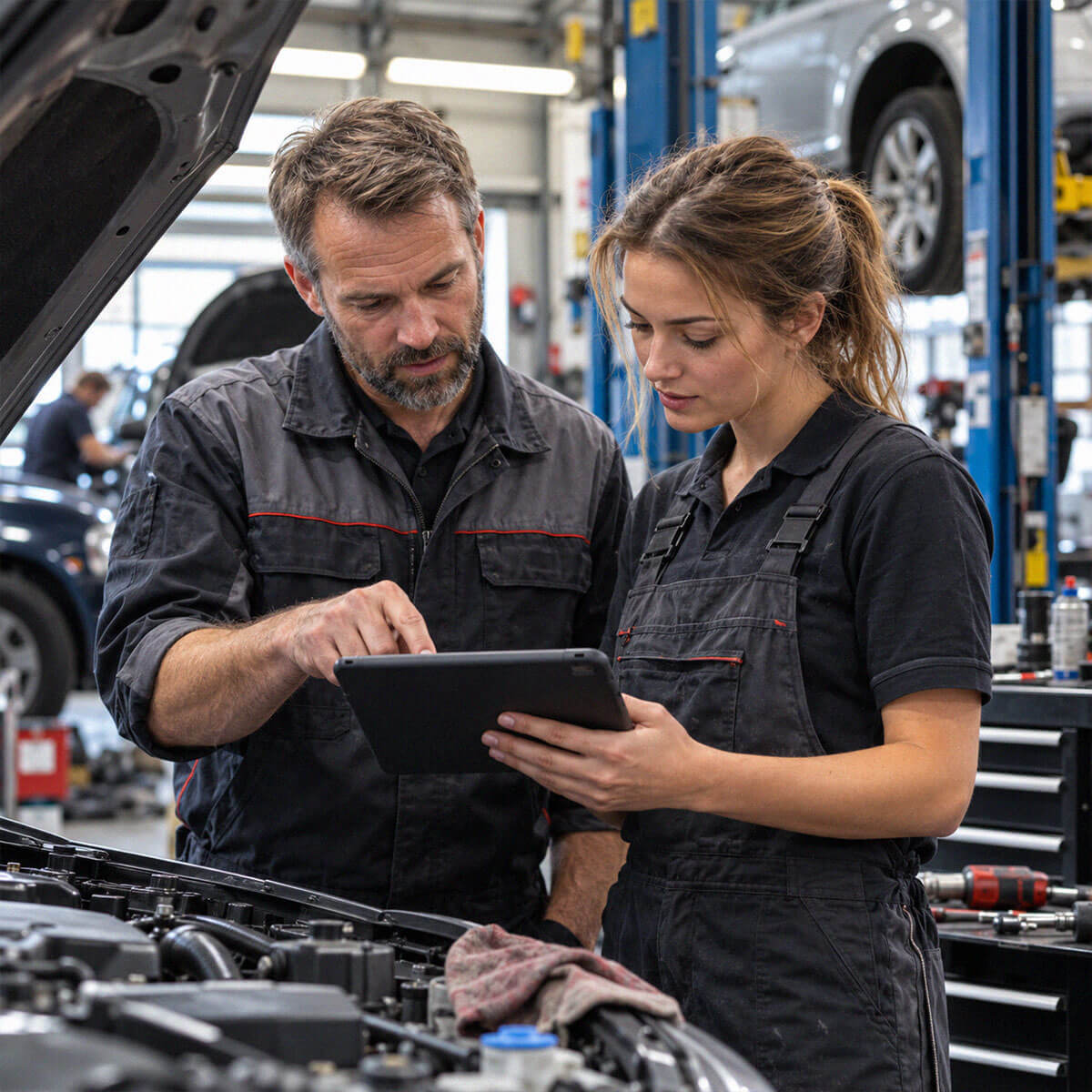 Kaksi autohuollon ammattilaista tarkastelee auton diagnostiikkatietoja tabletilta modernissa autokorjaamossa.            Is this conversation helpful so far?
