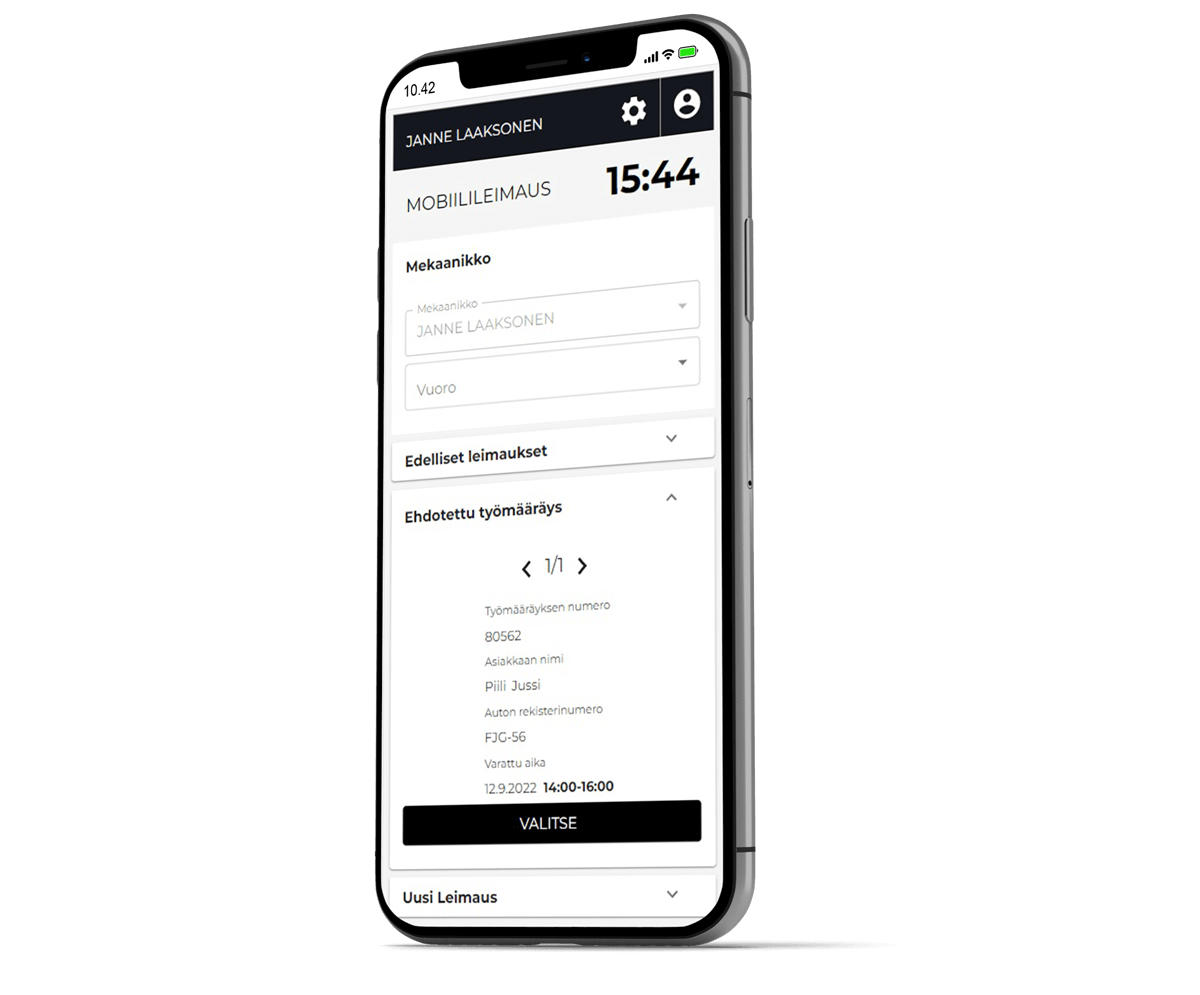 Solteq WebService autoliikkeen toiminnanohjausjärjestelmän mobiilileimaus puhelimen näytöllä