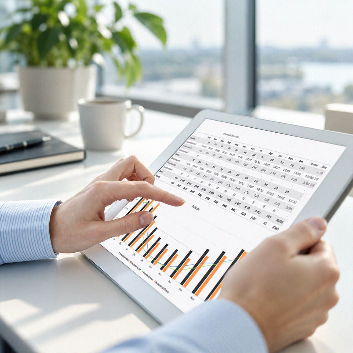 An expert examines business metrics and graphs on a tablet in a modern office.