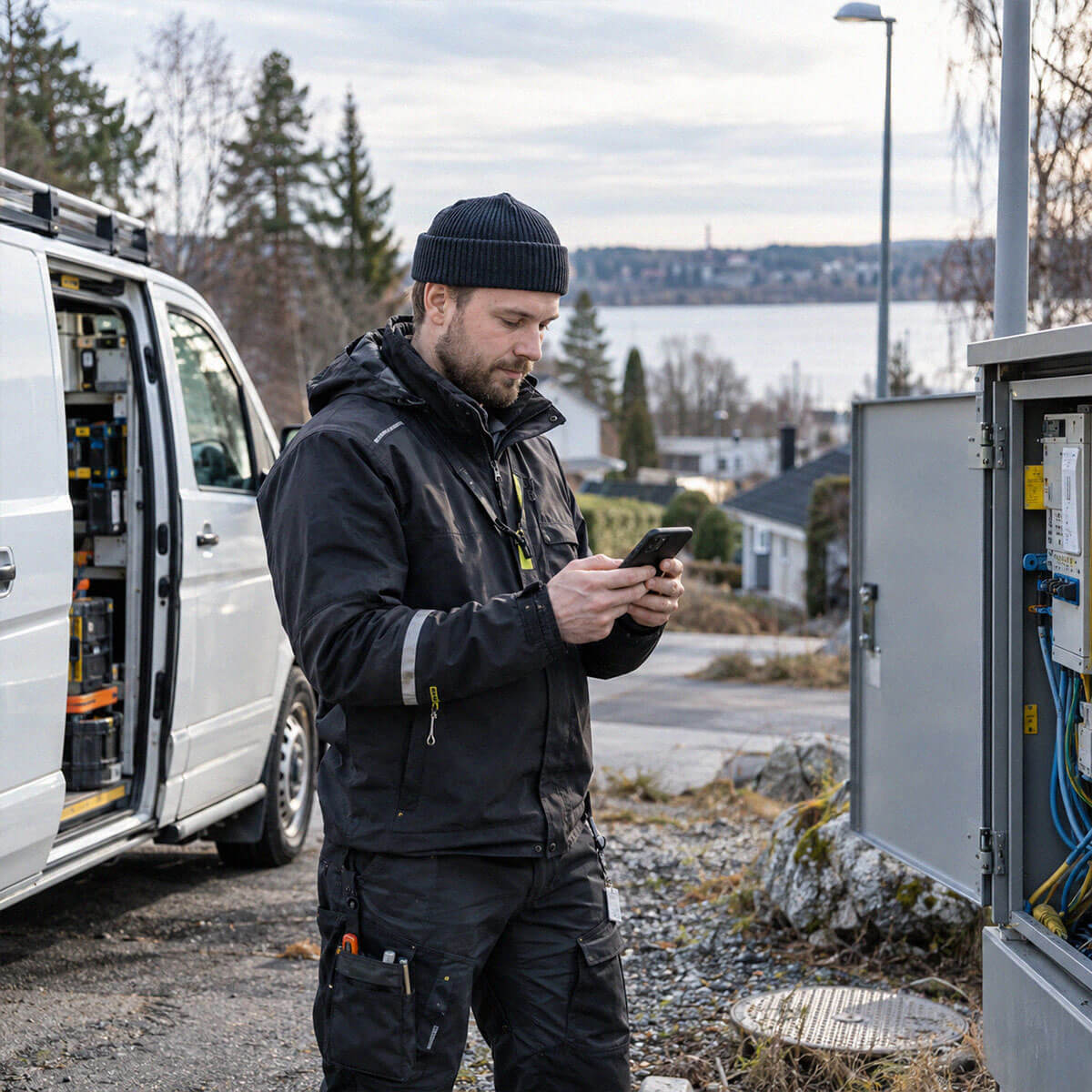 Energia- tai vesiyhtiön kenttätyöntekijä käyttää puhelinta huoltoauton ja teknisen kohteen vieressä.