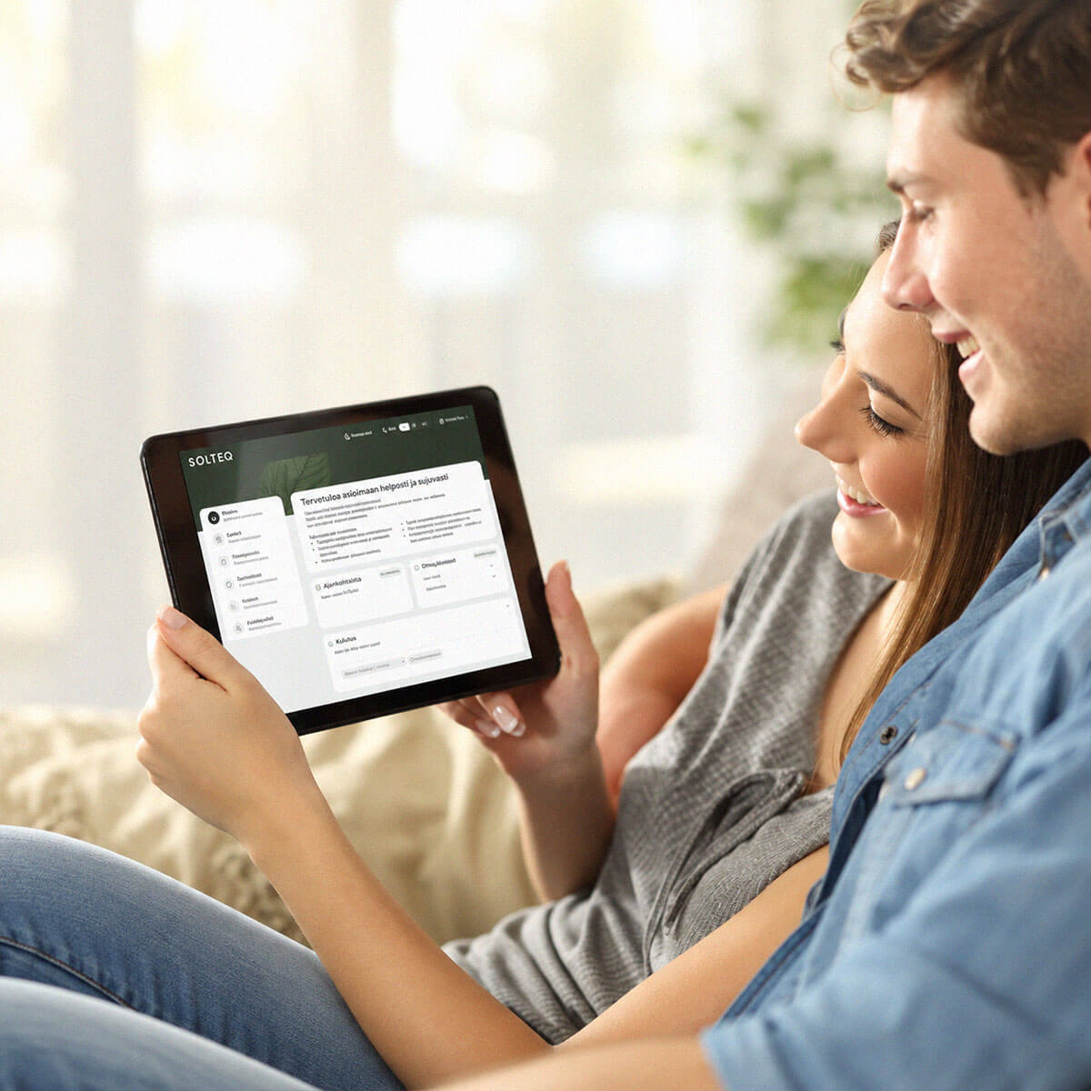A happy couple using Solteq Utilities Self-service with table.