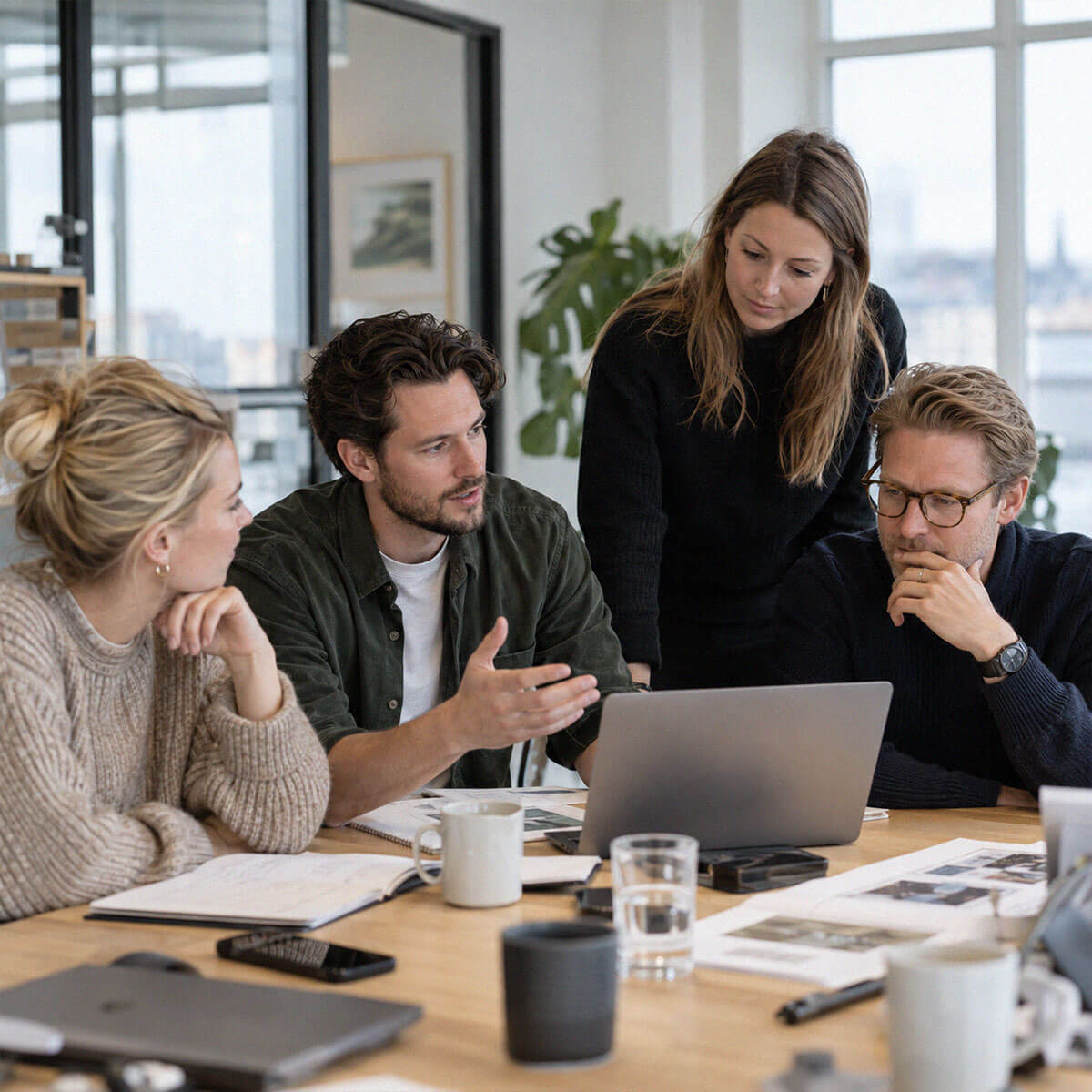 Four experts are working together on the implementation of a self-service system at a laptop in a modern office.