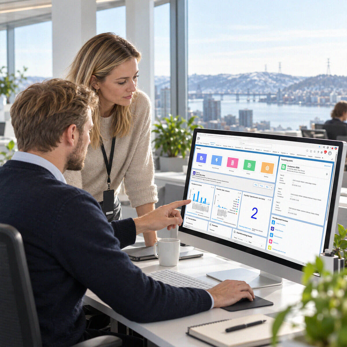 Two experts examine a customer information system view in a modern office.