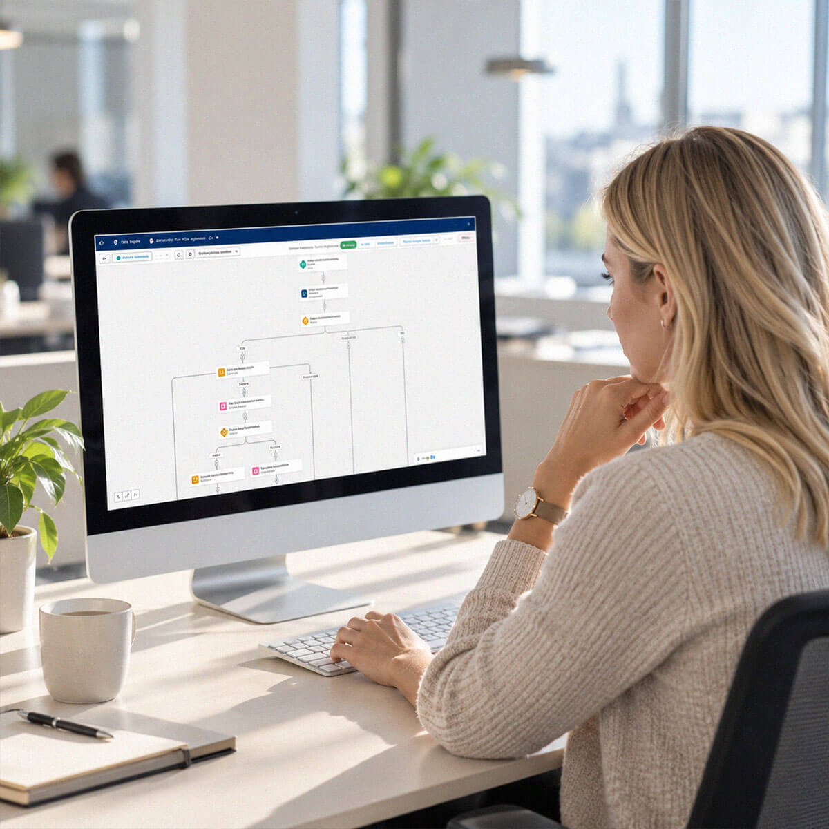 An expert examines the customer process workflow on a computer screen in a modern office.