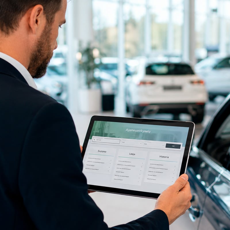 A person is using a tablet to perform a Traficom vehicle data query easily and quickly at a car dealership.