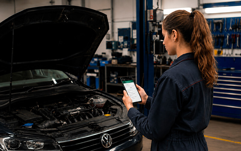 An auto repair shop employee is performing a Traficom vehicle data query to check the vehicle’s history before repair.