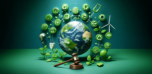 vihreän maapallon ympärillä on vastuullisuuteen, lainsäädäntöön ja sähkömarkkinoihin ja kestäviin energiajärjestelmiin liittyviä kuvakkeita.