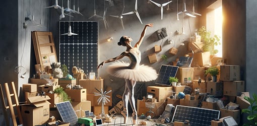 Balettitanssija tanssii ahtaassa varastossa pahvilaatikoiden ja kestävään energiantuotantoon liittyvien tavaroiden keskellä.