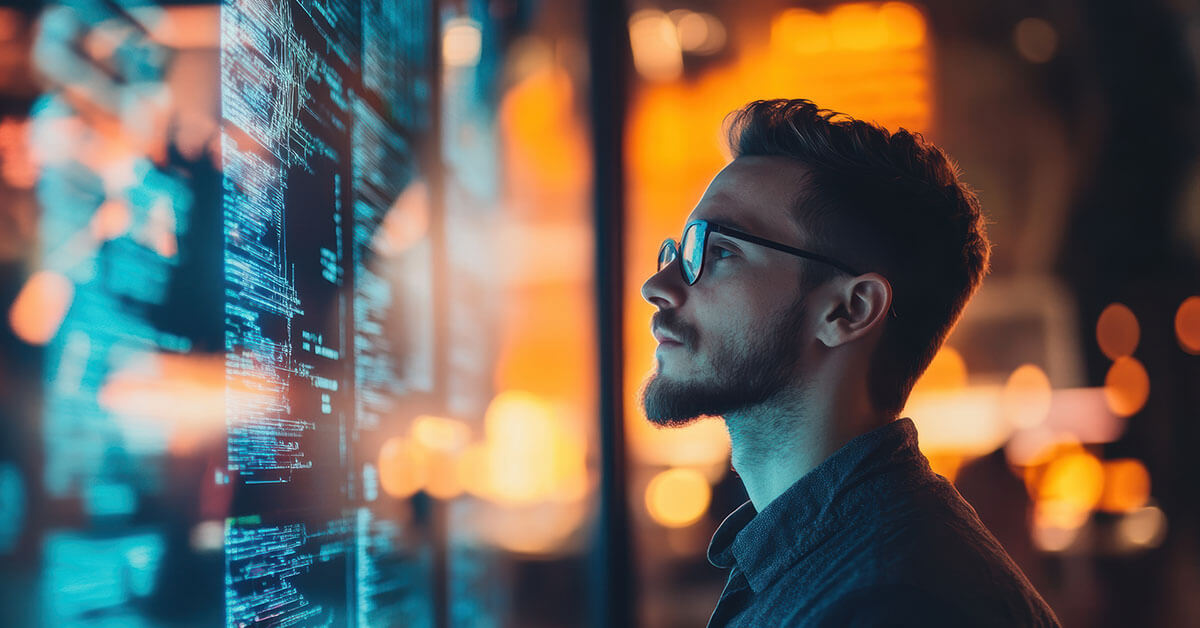 Konsultti tutkimassa näytöllä näkyvää dataa.