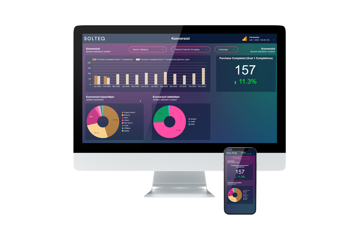 Solteq Data Studio report's user interface on computer and phone screen