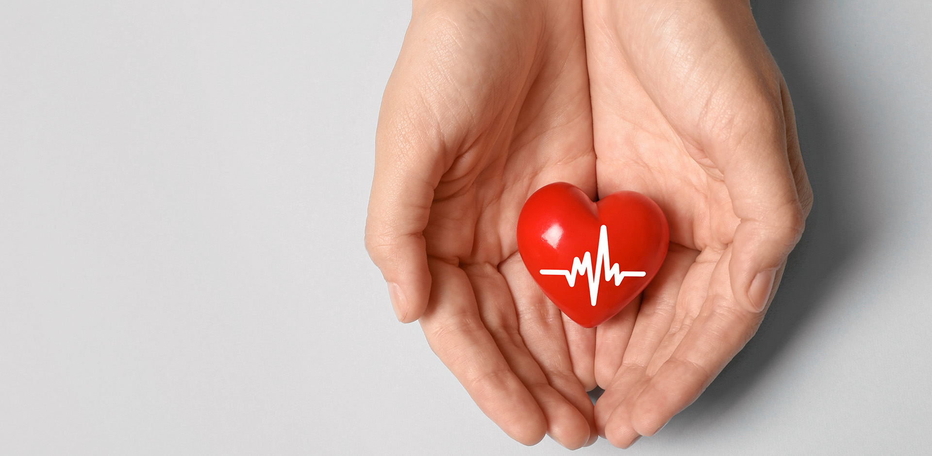 The hands holding a heart showing a pulse line.