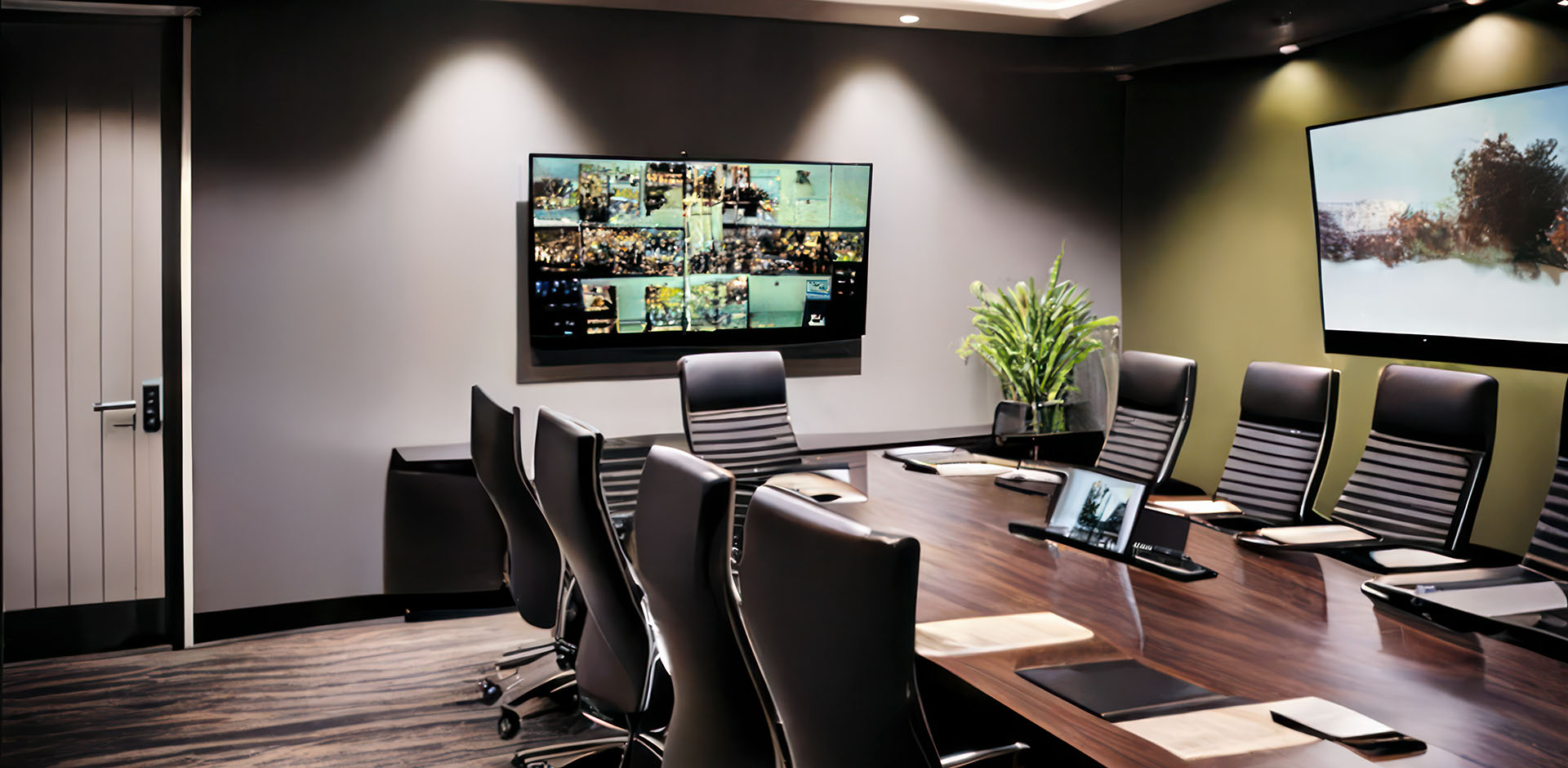 A modern AV-equipped meeting room with several screens and a large meeting table.