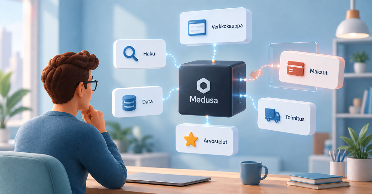 Kuvitus Medusasta verkkokaupan ytimenä, johon liittyvät verkkokauppa, haku, data, maksut, toimitus ja arvostelut.