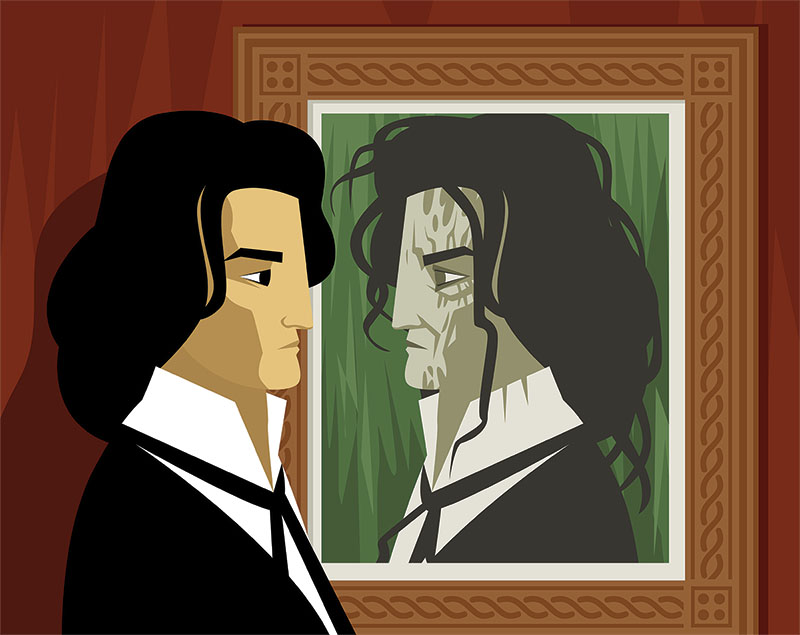 Dorian Gray katsoo omaa kuvaansa taulussa.