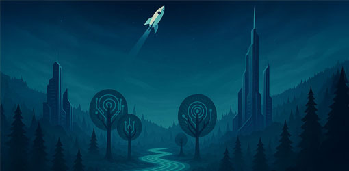 Blue toned mountain view with trees and futuristic buildings. Space rocket flying to the space.
