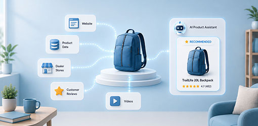 A blue backpack in the center is connected to sources including a website, product data, retailers, customer reviews and videos. On the right, an AI product assistant recommends the backpack.