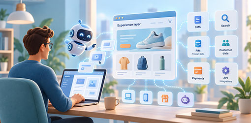 AI-assisted developer building a composable commerce storefront connected to CMS, search, PIM, customer data, payments and APIs.