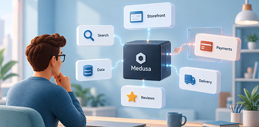 Illustration of Medusa as the commerce core, connected to storefront, search, data, payments, delivery and reviews.