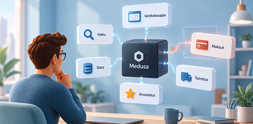 Kuvitus Medusasta verkkokaupan ytimenä, johon liittyvät verkkokauppa, haku, data, maksut, toimitus ja arvostelut.