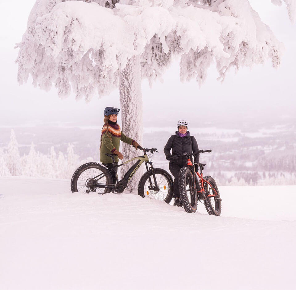 Kaksi naista lumisen puun alla maastopyörien kanssa Vuokatin maisemissa