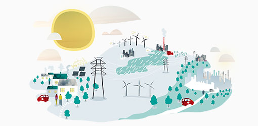 Fingrid - kuvituskuva missä maisemassa sähkötolppia ja tuulimyllyjä