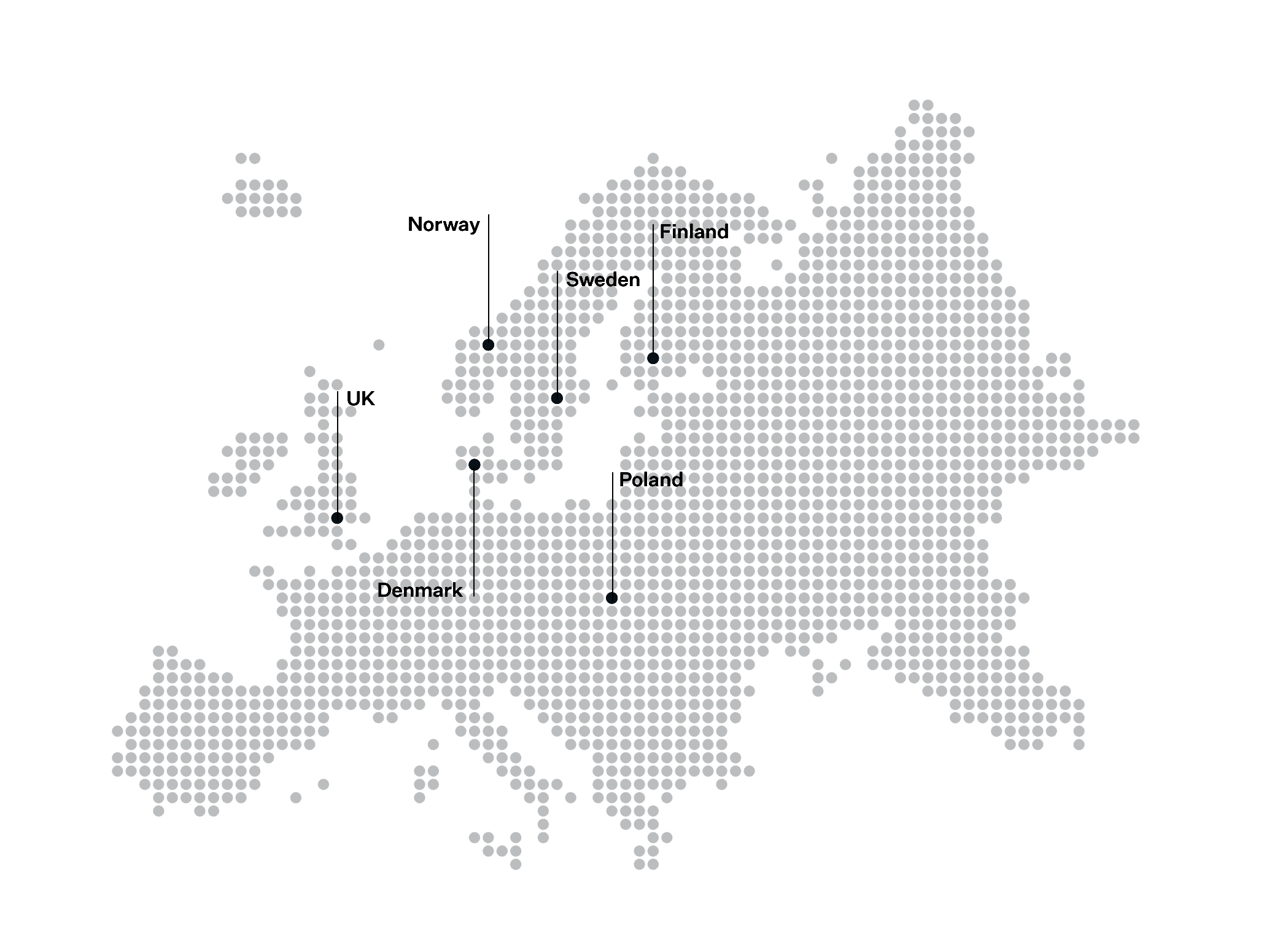Map of Europe where Solteq's countries of operation are named