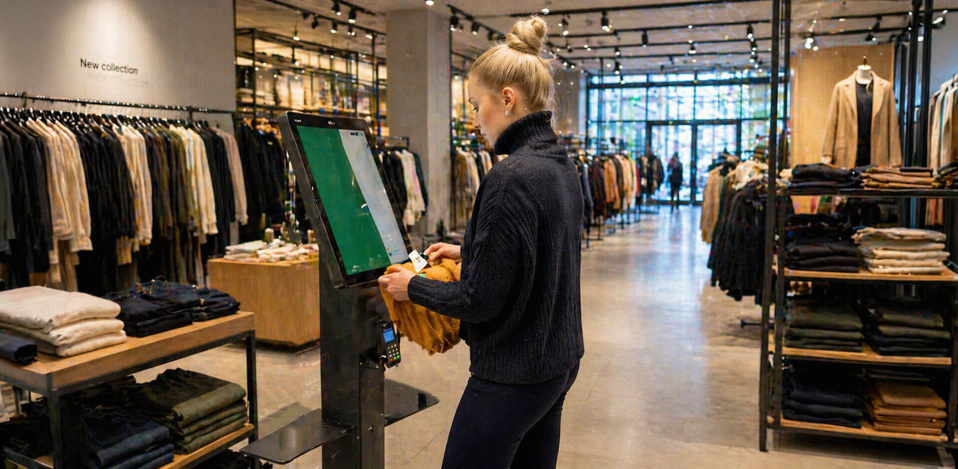 Customer using a self-checkout kiosk in a clothing store, scanning items for purchase in a modern retail environment