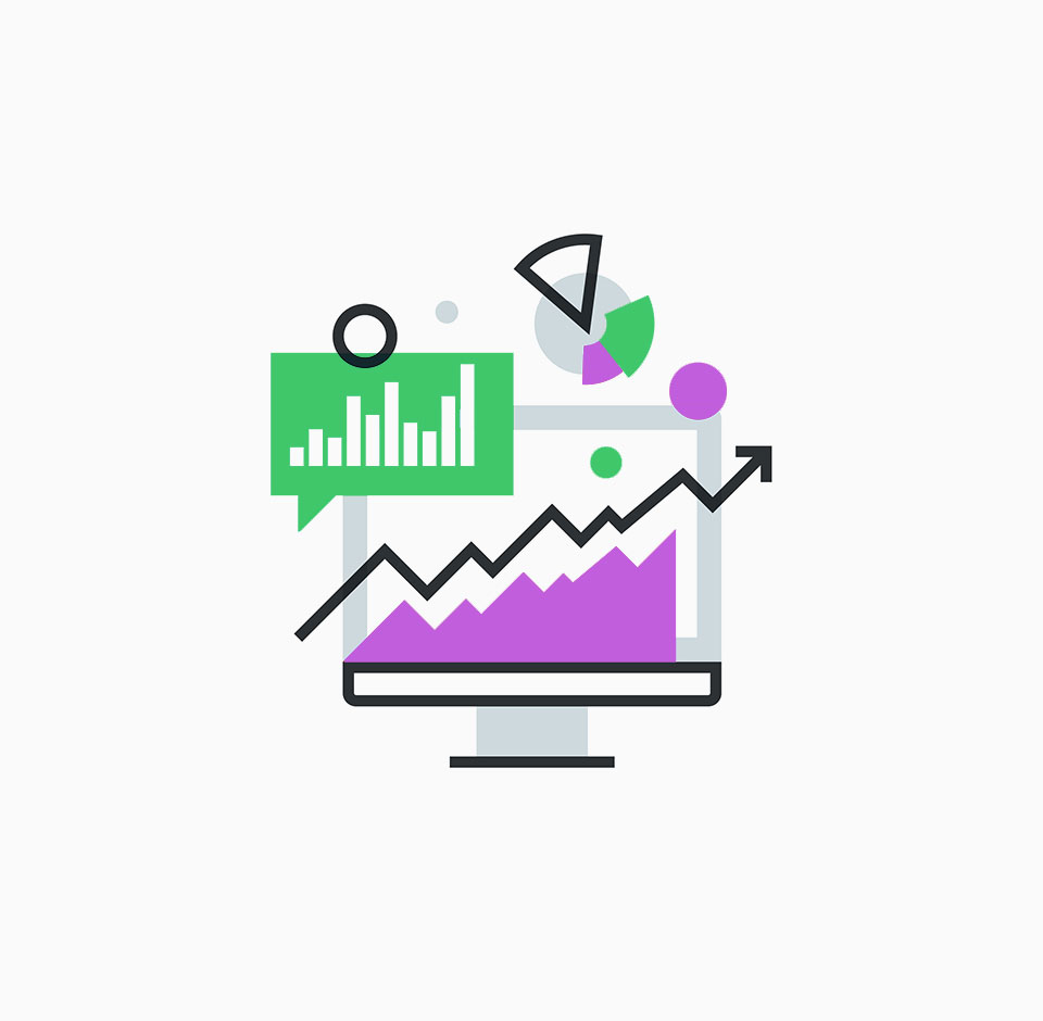 Web-analytiikan kuvituskuvassa flat line graafeja tietokoneen näytön päällä ja ulkopuolella