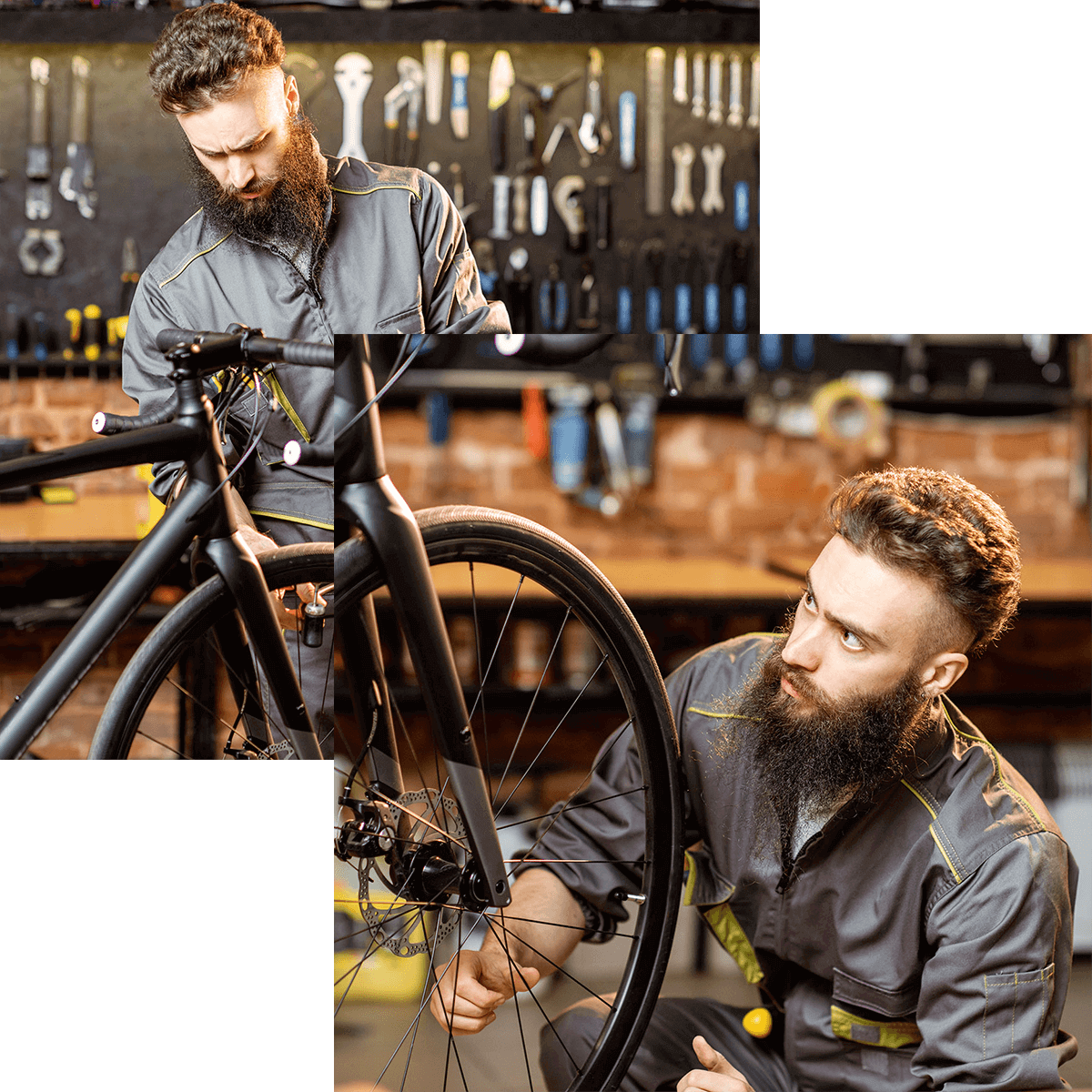 A man at a bicycle repair shop is checking the condition of a bike.