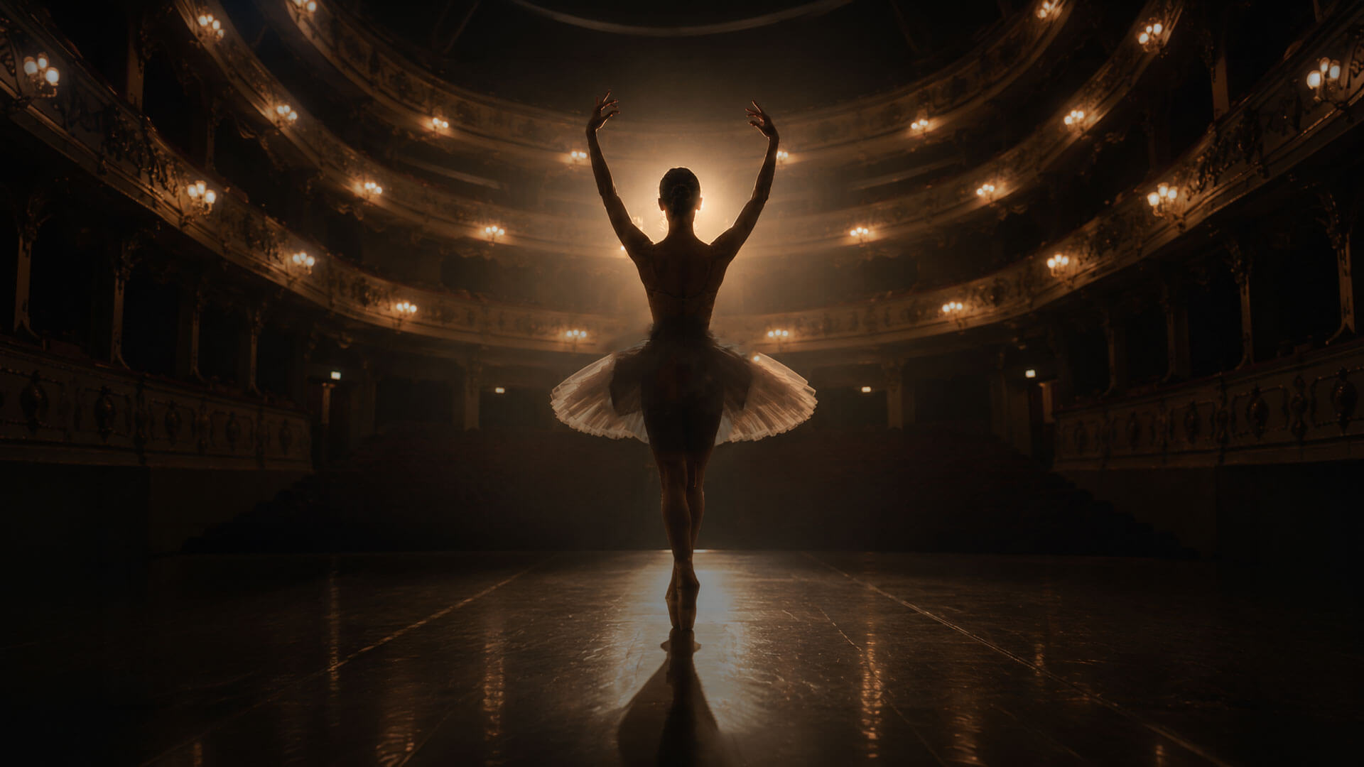 Ballet dancer posing on a performing arts venue stage
