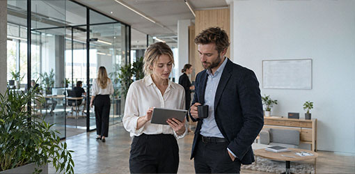 Työntekijät tarkastelevat asiakkaan tietoja Solteq Utilities CIS -järjestelmästä toimistolla..