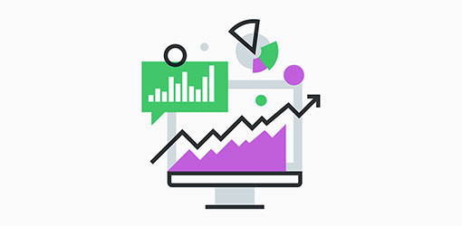 Web analytics illustration of flat line graphs on and off a computer screen