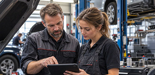 Kaksi autohuollon ammattilaista tarkastelee auton diagnostiikkatietoja tabletilta modernissa autokorjaamossa.